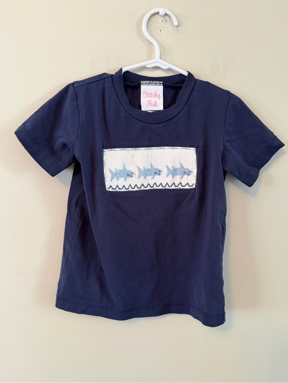 Stitchy Fish Navy Blue Smocked Shark Shirt